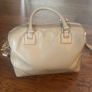 Tory Burch Taupe Leather Double-Handle Satchel with Gold Logo